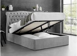 5ft King Size Roz light grey fabric upholstered Ottoman lift up bed frame bedstead 1